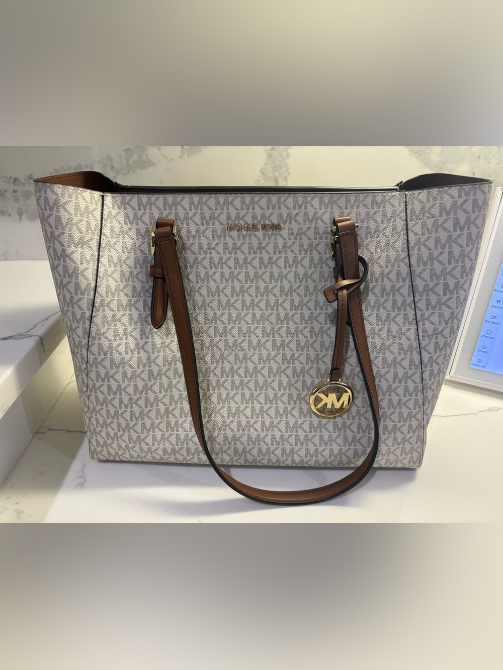 Michael Kors Beige Signature Monogram Tote with Brown Leather Trim